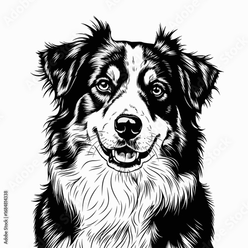 Australian shepherd portrait in black and white graphic art. Beautiful portrait capturing this wonderful Australian shepherd, showcasing graphic details.
