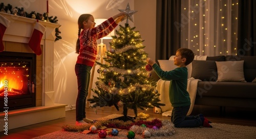 Children Decorating Christmas Tree Together in Cozy Living Room with Fireplace