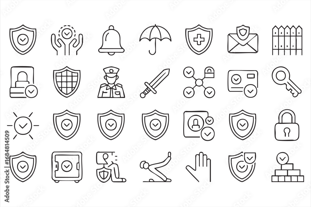 Naklejka premium Safety and insurance protection outline icon set isolated