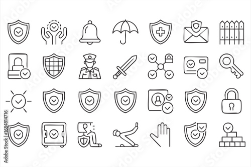 Outline icon pack of shield, lock, and surveillance symbols