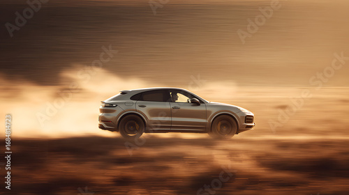 dynamic panning shot for a luxury car commercial, a sleek, modern SUV glides effortlessly at full sprint through plains