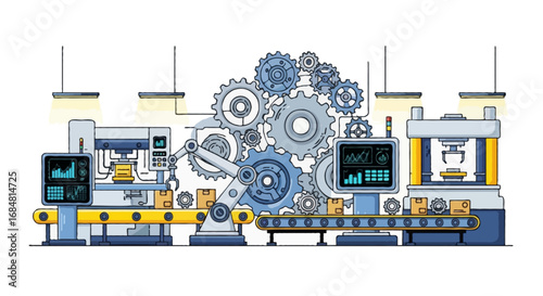 Flat vector illustration of manufacturing machines operating in workshop, mechanical gears, conveyor system, and digital control panels, isolated on white background