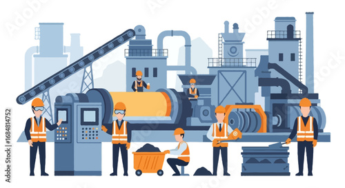 Flat vector faceless illustration of workers in a cement and steel manufacturing plant, large industrial machinery in background, safety equipment, isolated on white background