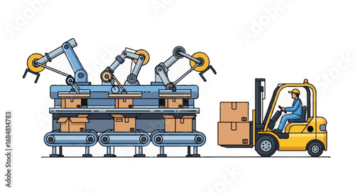 Flat vector illustration of factory packaging process, conveyor belts moving boxes, robotic arms sealing packages, forklift transporting goods, isolated on white background
