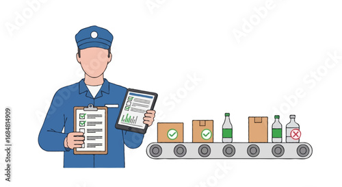 Flat vector faceless illustration of factory quality control inspector checking products on conveyor belt with clipboard and digital tablet, minimal flat style, isolated on white background