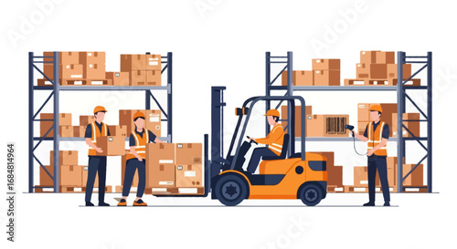 Flat vector faceless illustration of warehouse workers organizing boxes on shelves, forklift moving pallets, barcode scanner in use, modern flat style, isolated on white background