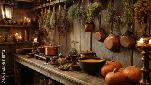 Rustic Historical Kitchen with Wood Fired Stove and Vintage Cookware