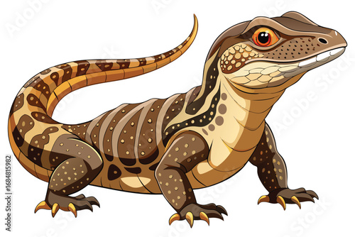 Detailed Cartoon Illustration of a Brown and Tan Lizard with Striking Orange Eyes and Curled Tail on a White Background