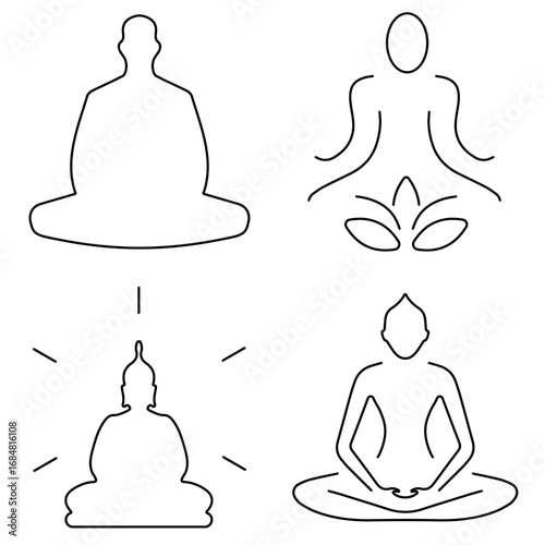 Group of black meditation icons on a white background. Vector illustration.