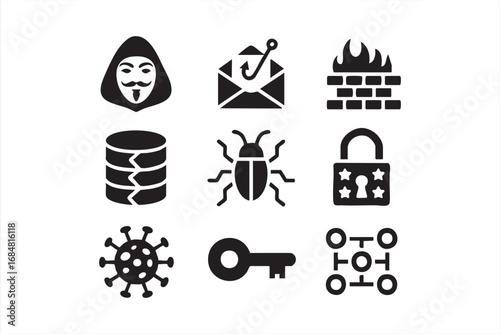 Hacker, virus, and phishing attack prevention icons collection
