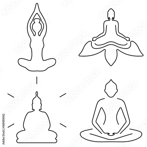 Group of black meditation icons on a white background. Vector illustration.