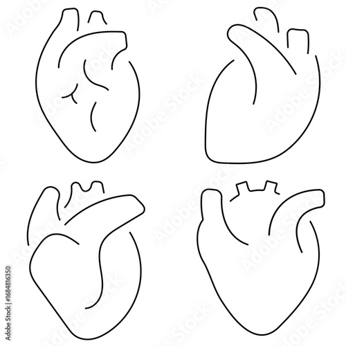 Group of black heart organ icons on a white background. Vector illustration.