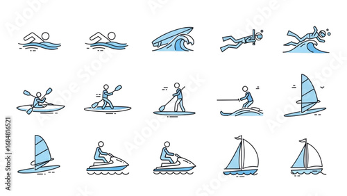 Water Sport Icons Set | Thin Line Editable Stroke Symbol Collection for Swimming, Surfing, and Adventure