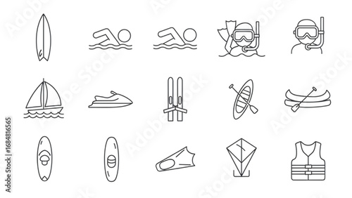 Water Sport Icons Set | Thin Line Editable Stroke Symbol Collection for Swimming, Surfing, and Adventure