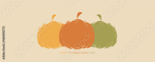 Happy Thanksgiving Day festive banner with color brush stroke pumpkins. Vector illustration.