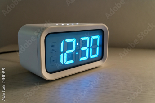 Modern digital alarm clock displaying 1230 with blue neon light on a table