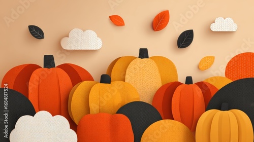 Paper Cut Halloween Pumpkins with Autumn Leaves and Clouds Background
