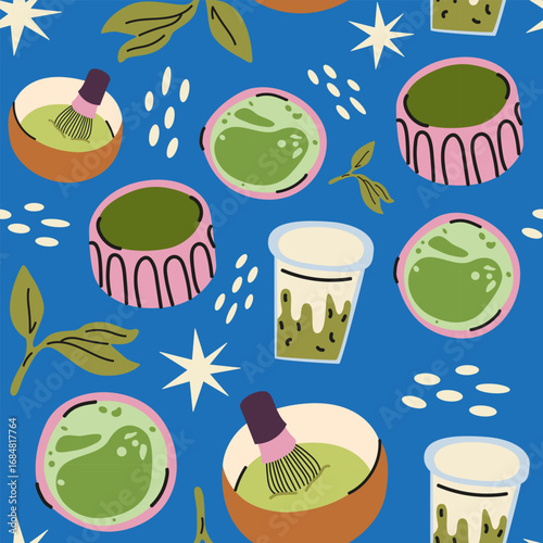 Doodle matcha lover vector seamless pattern. Cartoon healthy drink background for wallpaper, wrapping, packing, textile, print. Hand drawn illustration on blue background
