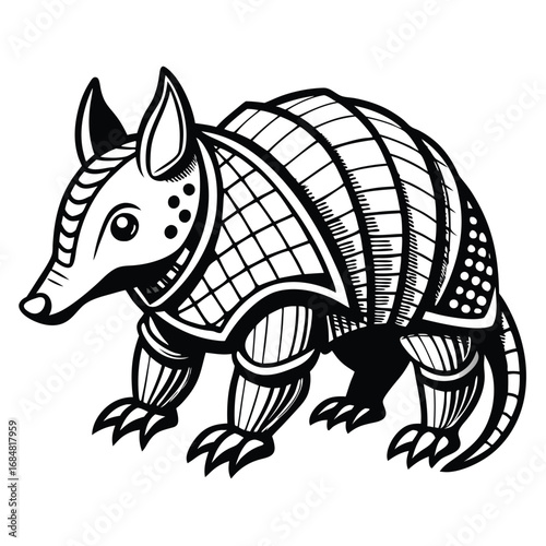 Monochromatic Armadillo Illustration Intricate Details and Stylized Design Black and White Animal Drawing Detailed Armor Plating and Distinctive Features