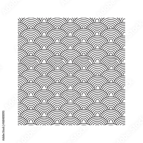 Traditional Japanese Seigaiha Wave Pattern. Seamless Geometric Background with Black Overlapping Arcs on White.
