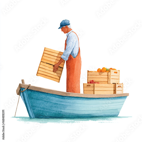 Watercolor Illustration of a Fisherman Loading Fruit Crates onto a Boat