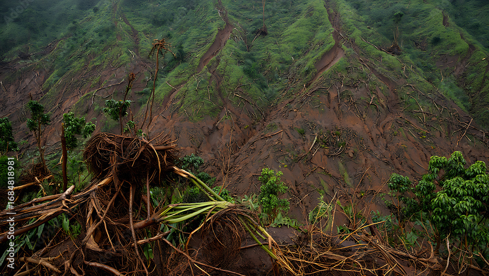 Obraz premium The Aftermath of Deforestation - A Landscape of Bare Hills and Exposed Tree Roots