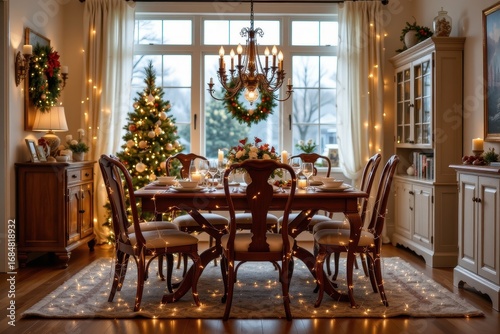 a dining room with elegant christmas lights wrapped around chairs and tables creating a warm inviting festive feeling for family meals and holiday celebrations.