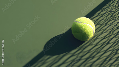 Top view of a tennis ball on a green tennis court, with the shadow of the net, soft lighting, and clean, minimalistic composition