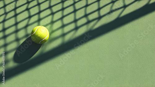 Top view of a tennis ball on a green tennis court, with the shadow of the net, soft lighting, and clean, minimalistic composition