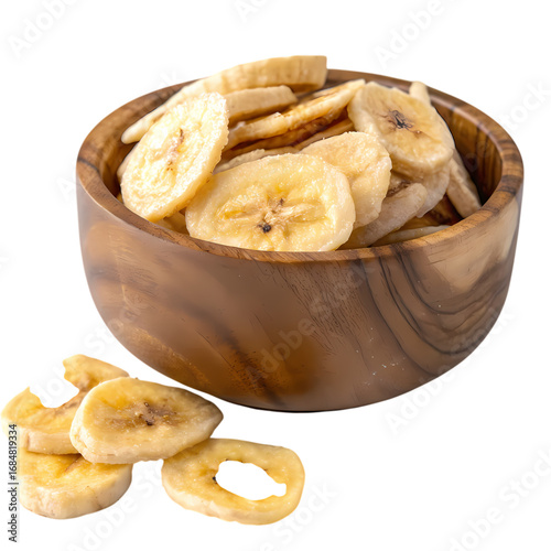 Crunchy Banana Chips in Wooden Serving Bowl on a transparent background