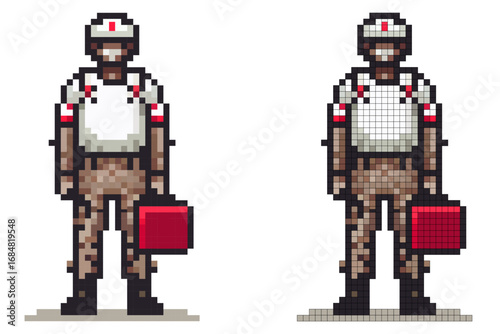 Pixel medic in uniform stands with a first aid kit. Always ready to help