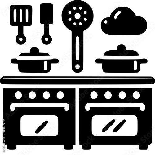 Kitchen Utensils on a Stove: A minimalist illustration of essential kitchen tools, including a stove and various utensils, suggesting the art of cooking and culinary creativity. 