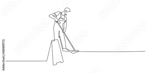 Continuous line illustration of a male janitor mopping the floor with caution sign. One line drawing symbolizing cleanliness, sanitation, and cleaning service at workplace or home.