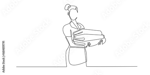 Continuous line illustration of a woman holding folded towels. One line drawing symbolizing housework, cleaning service, maid, household chores, hospitality, and domestic work