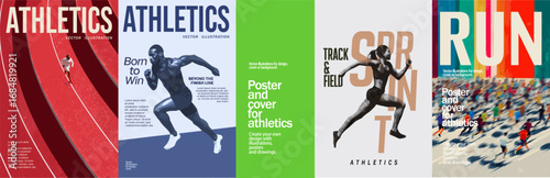 Dynamic vector posters for athletics and running. Modern sports design with runners, sprint tracks, and typography. Perfect for fitness, marathon, gym, and sports branding.
