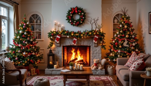 a living room with a roaring fireplace surrounded by garlands and twinkling christmas lights creating a cozy warm magical festive environment for the family.