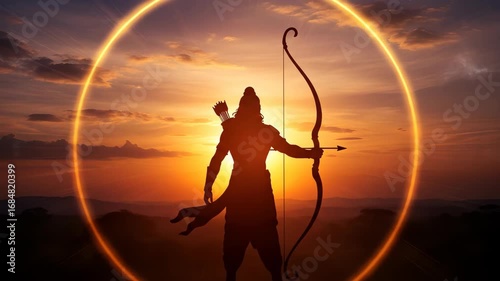 Silhouette of Lord Rama with Bow and Arrow at Sunset Dussehra  Vijayadashami  Navratri  Durga Puja Festive Image