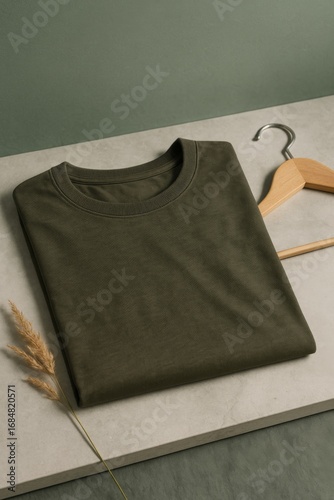A neatly folded olive green t-shirt displayed on a neutral surface, accompanied by a wooden hanger and a sprig of wheat