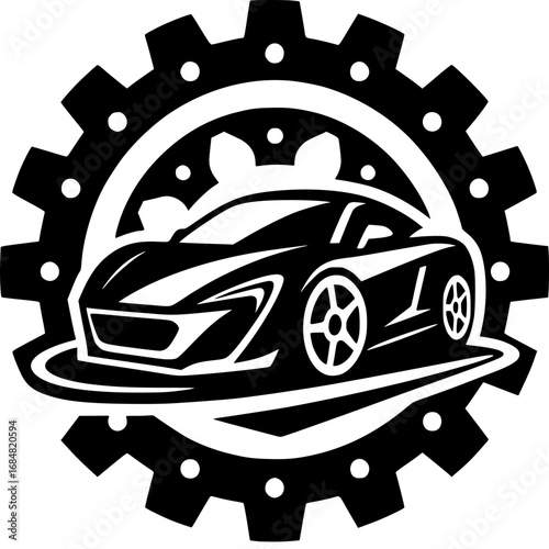 Automotive Design: A sleek, dynamic sports car bursts from a large gear's embrace, representing the intersection of innovation, precision, and raw power.