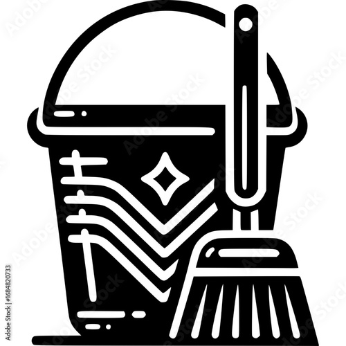Cleaning tools illustration: An illustration captures a bucket and broom, representing the core elements of cleanliness, conveying a visual depiction of everyday cleaning essentials.