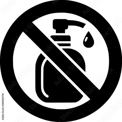 No Soap Symbol: An illustrative image depicting a black and white symbol of a soap dispenser with a droplet, crossed out with a diagonal line.