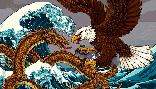 Clash of mythical beasts amidst waves