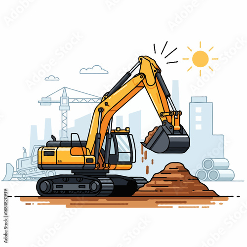 Vector illustration of an excavator digging ground. Heavy construction equipment in modern flat style for industrial and engineering projects.