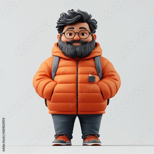 Cheerful Cartoon Man in Orange Puffer Jacket