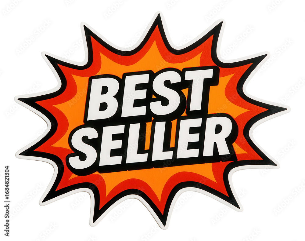 Fototapeta premium Vibrant burst sticker featuring BEST SELLER in bold typography, attention-grabbing retail promotion offer on transparent background.