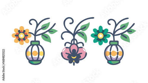 Three flower arrangements in vases with different colored flowers and green leaves displayed nicely