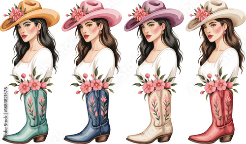 Cowgirl Clipart Set – Stylish Woman with Floral Cowboy Boots and Hat in Western Fashion Style for Sublimation and Crafts