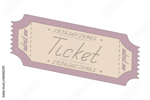 Ticket pink admit one. Isometry. Handwritten cursive lettering. Coupon right side tilted down. Color vector illustration. Tear-off ticket with number. Isolated white background. Flat style.