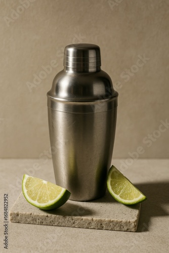 A stainless steel cocktail shaker stands beside two lime wedges, suggesting the art of mixology and refreshment. The image is lit to show its elegant shape and textured background.