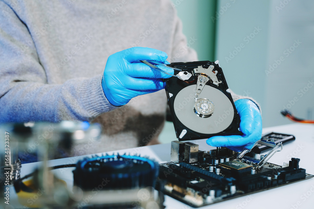 Naklejka premium Technician repairing inside of hard disk drive by screwdriver. the concept of data, hardware, technician and technology. computer hardware, repairing, upgrade